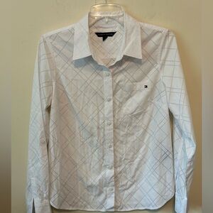 Tommy Hilfiger White Button Down Shirt Adj Sleeves Faint‎ Stripes Size Small
